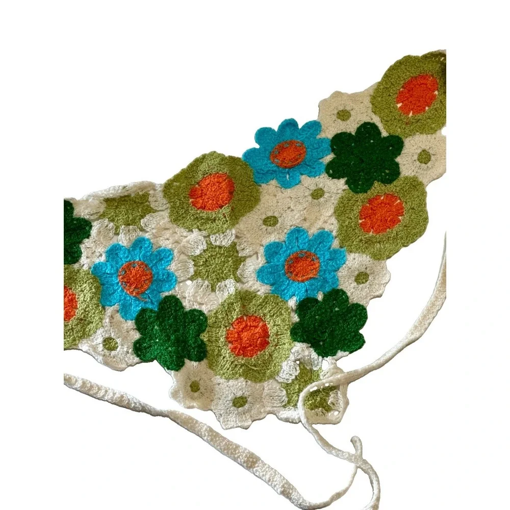 Handmade Crochet Floral Bandana Head Scarf Boho Retro Daisy Kerchief Tie Back